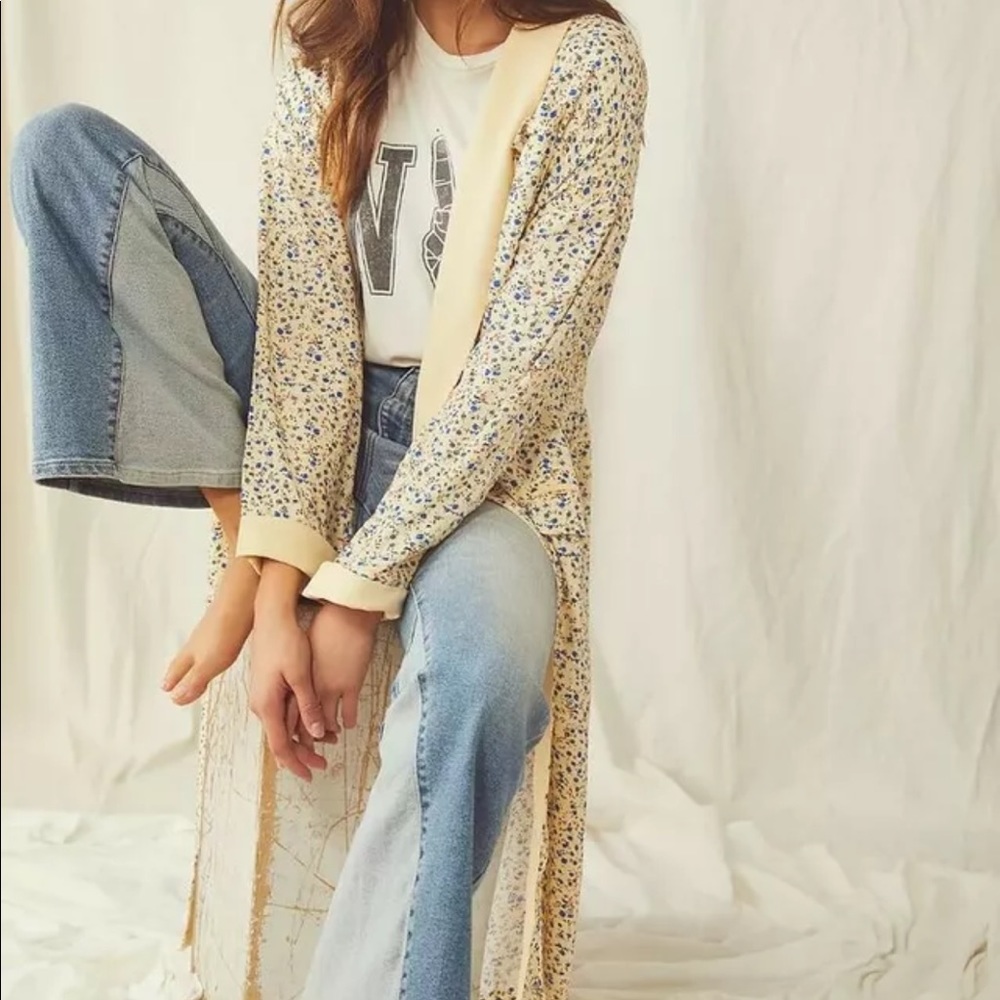 Free People Cream and Blue Ditsy Floral Long Cardigan